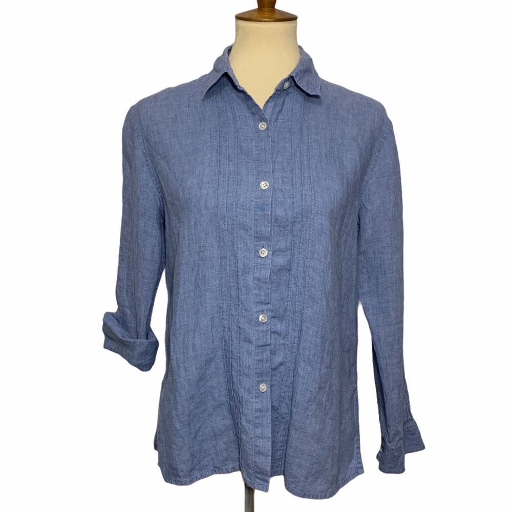 Kate Hill Chambray Blue Button-Down Linen Shirt